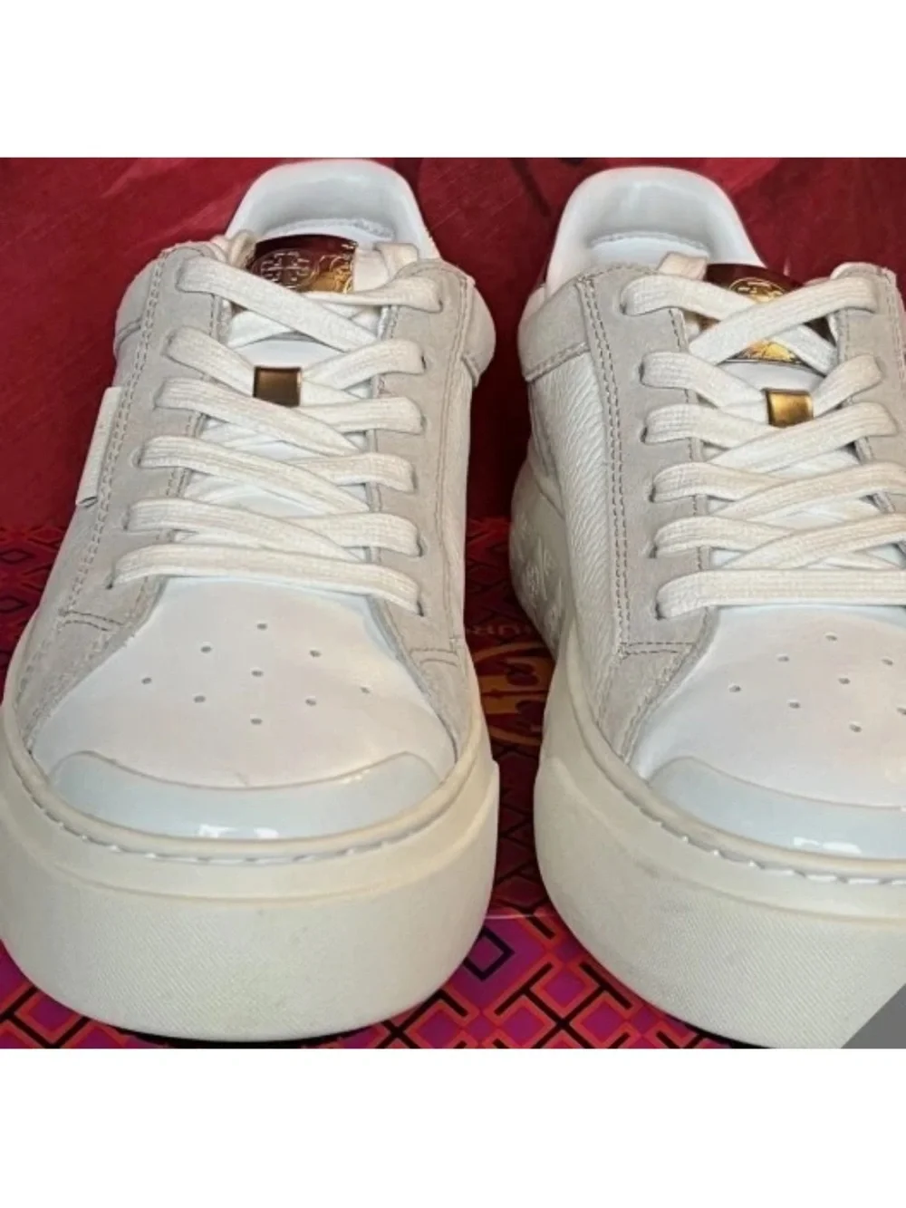 Tory Burch White & Taupe Suede-Trim Platform Sneakers with Metallic Heel - Picture 3 of 5